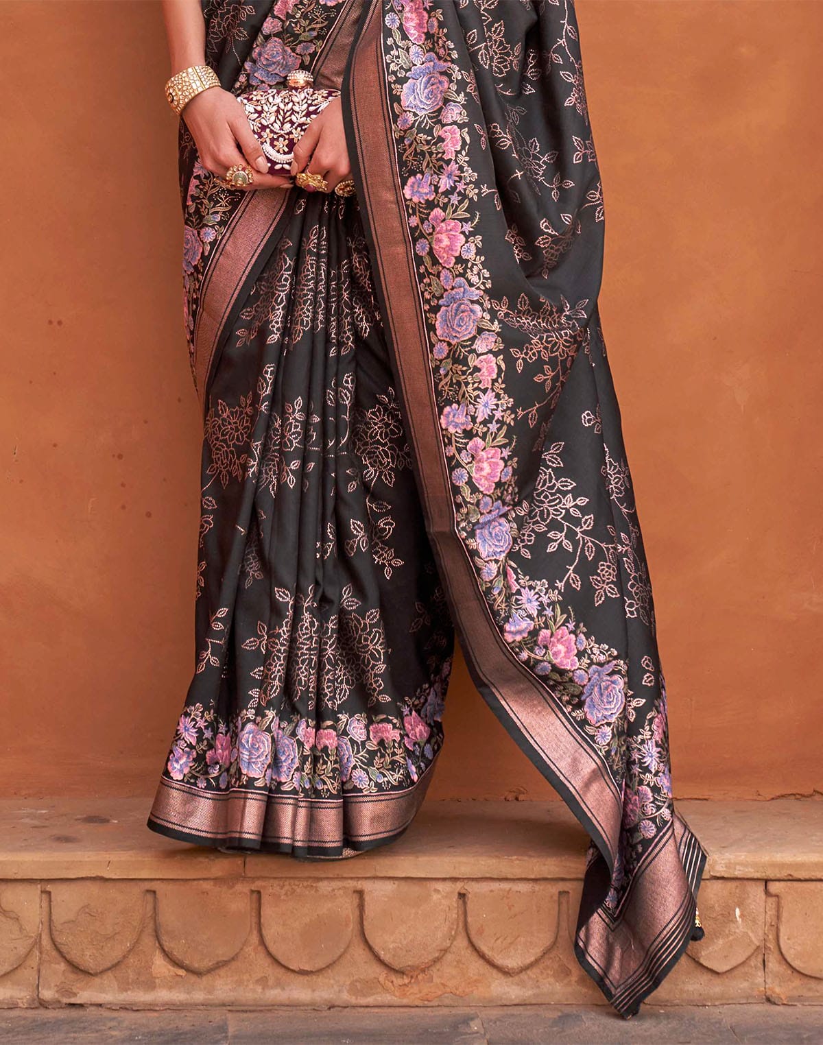 Collection of Soft Silk Black Floral Print Saree in a gallery layout