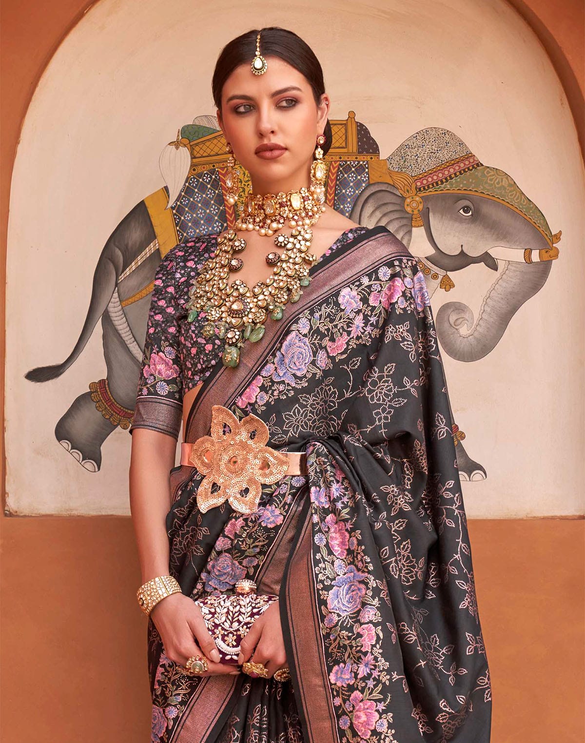 Collection of Soft Silk Black Floral Print Saree in a gallery layout