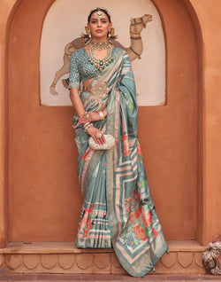 Collection of Antique Grey Soft Silk Saree with Floral Print in a gallery layout