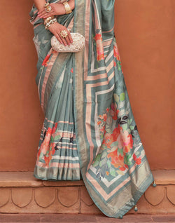 Collection of Antique Grey Soft Silk Saree with Floral Print in a gallery layout