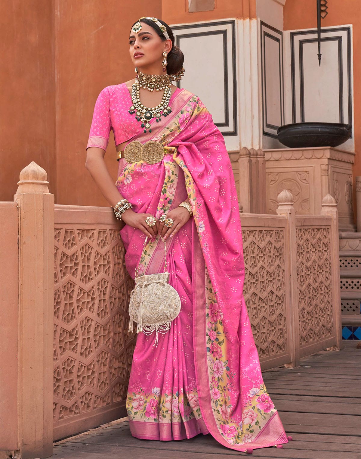 Collection of Attractive Pink Printed Soft Silk Saree in a gallery layout