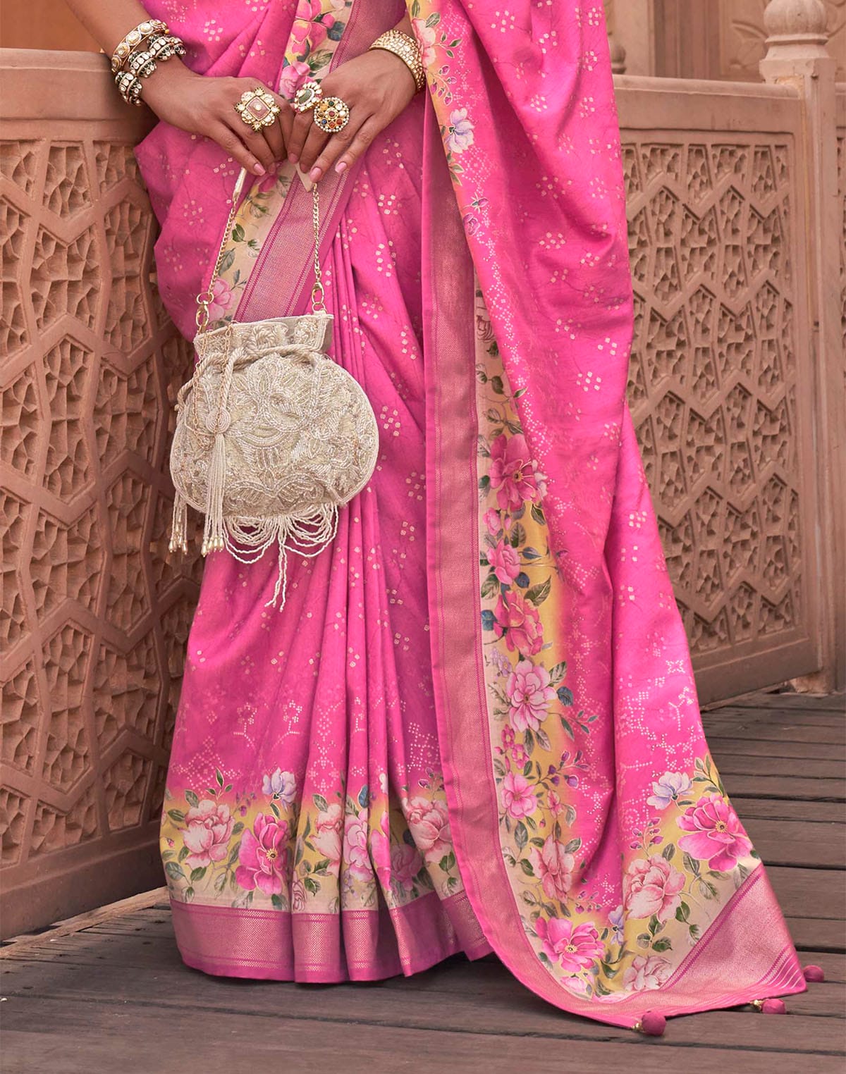 Collection of Attractive Pink Printed Soft Silk Saree in a gallery layout