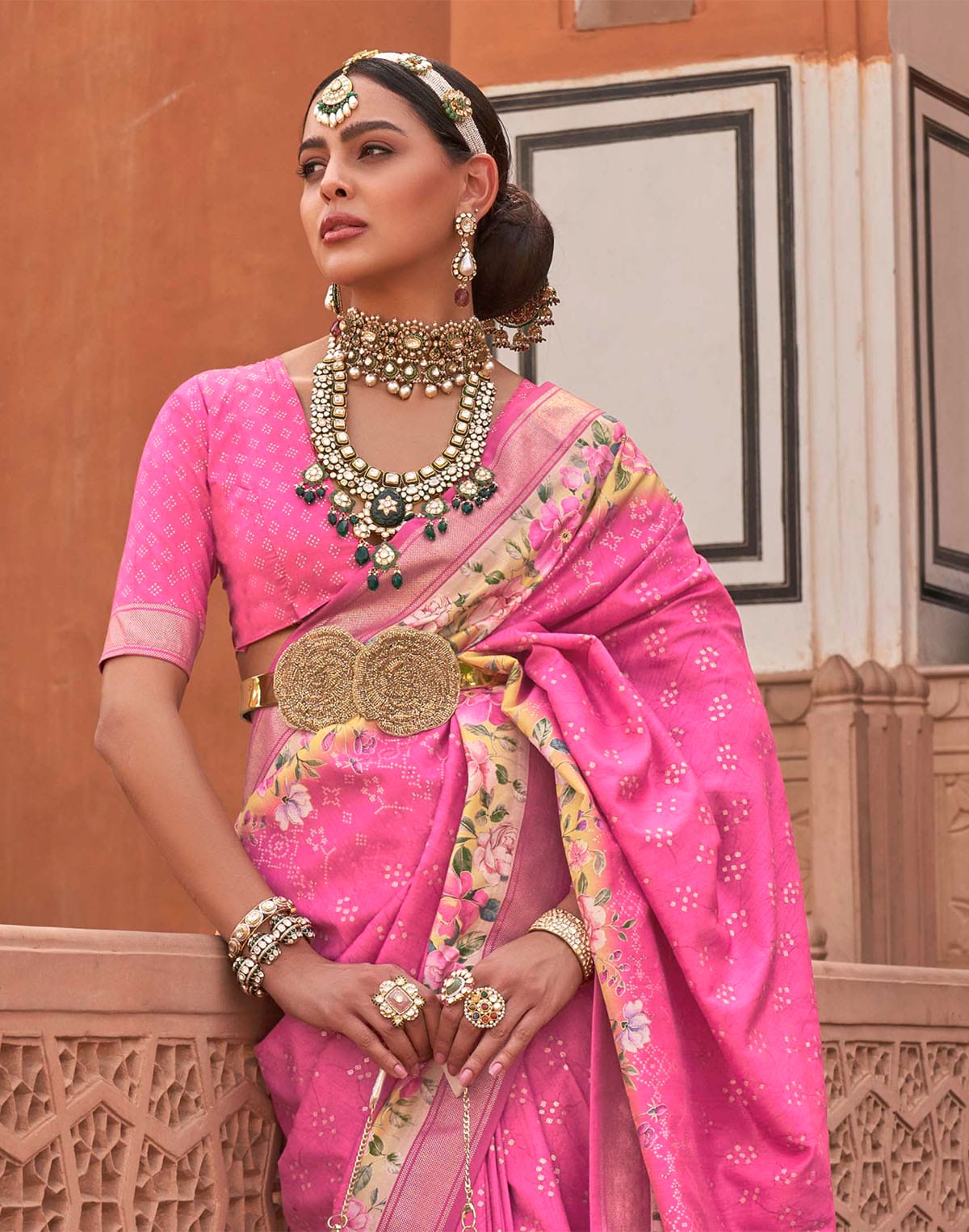 Collection of Attractive Pink Printed Soft Silk Saree in a gallery layout