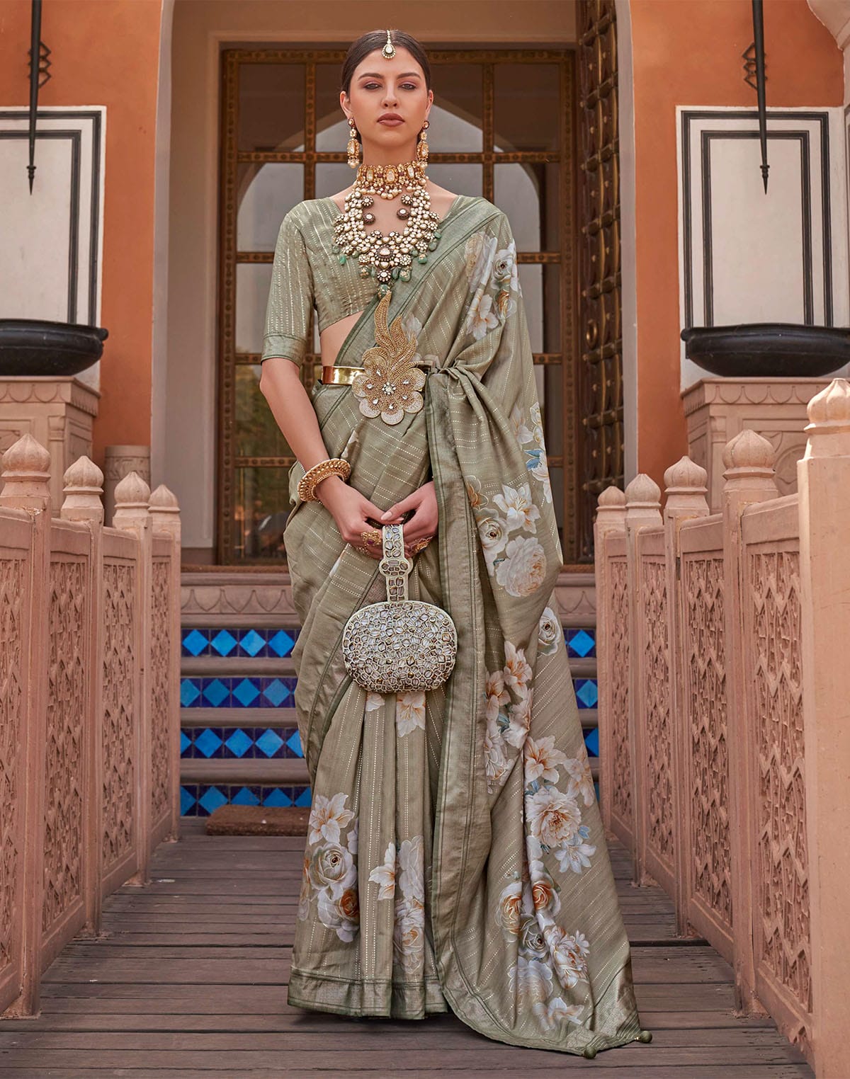 Dark Beige Floral Print Soft Silk Saree