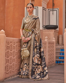 Collection of Classy Brown Floral Printed Soft Silk Saree in a gallery layout