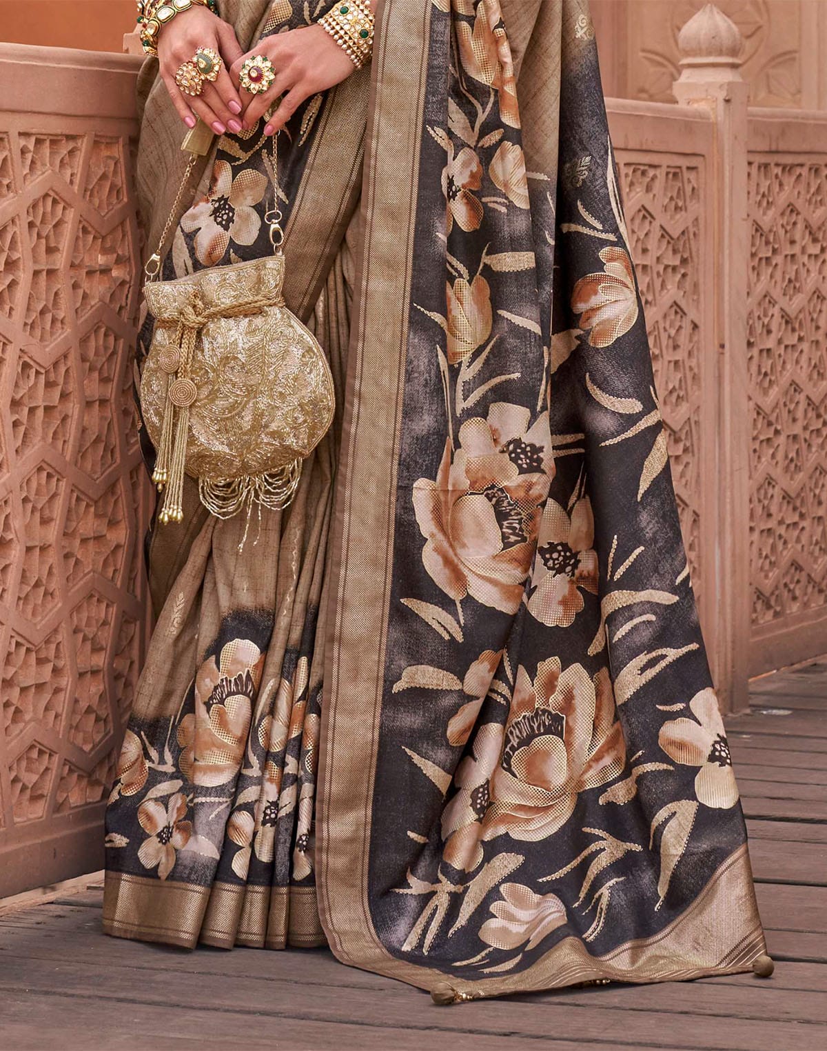 Collection of Classy Brown Floral Printed Soft Silk Saree in a gallery layout