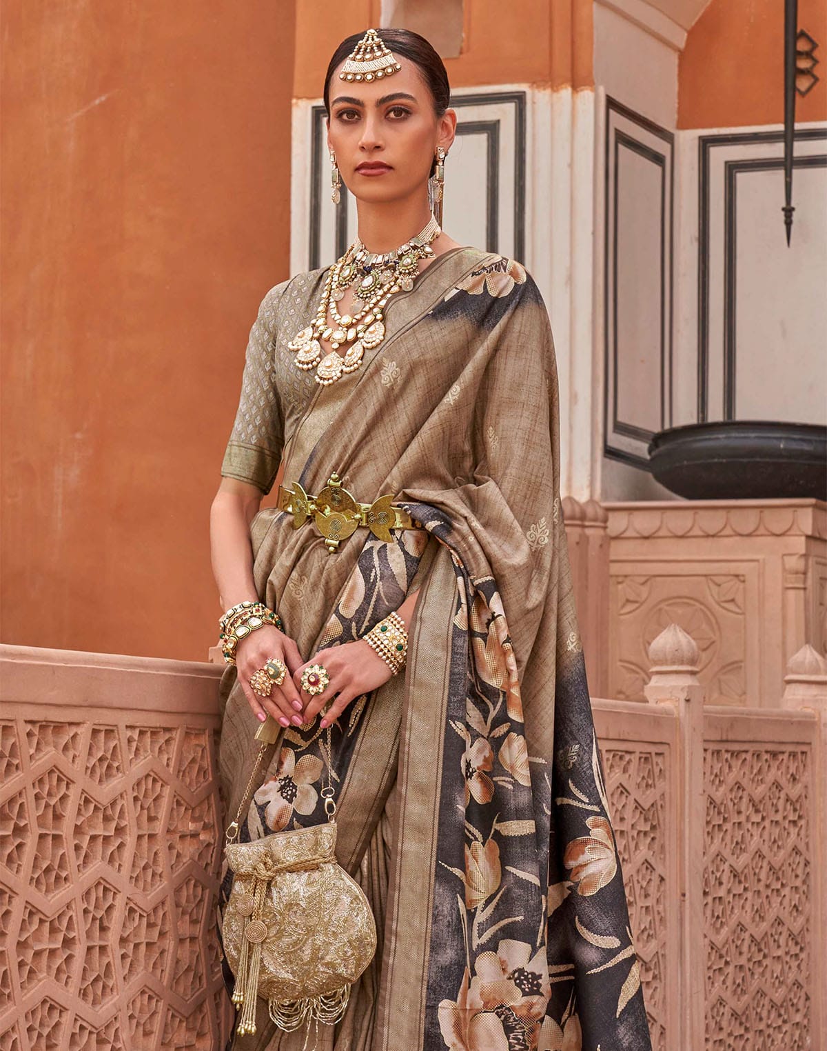 Collection of Classy Brown Floral Printed Soft Silk Saree in a gallery layout