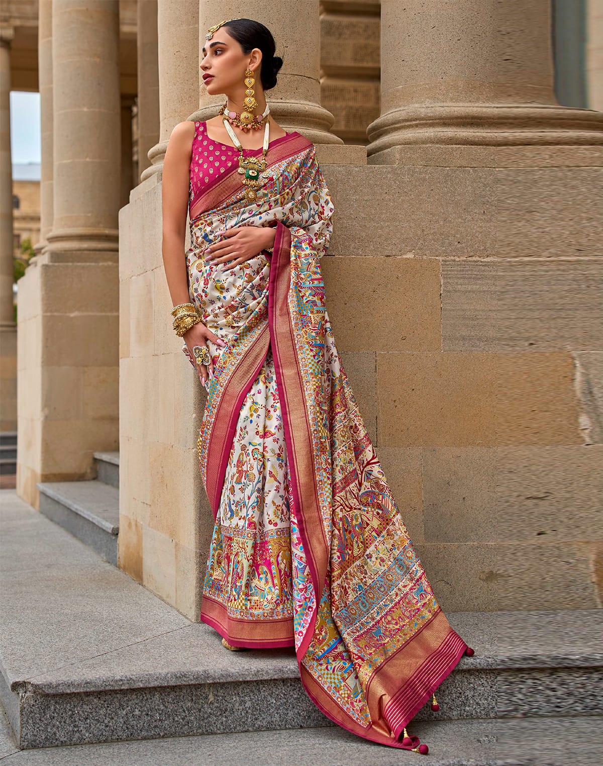 Collection of Cream Handloom Woven Kalamkari Print Patola Saree in a gallery layout