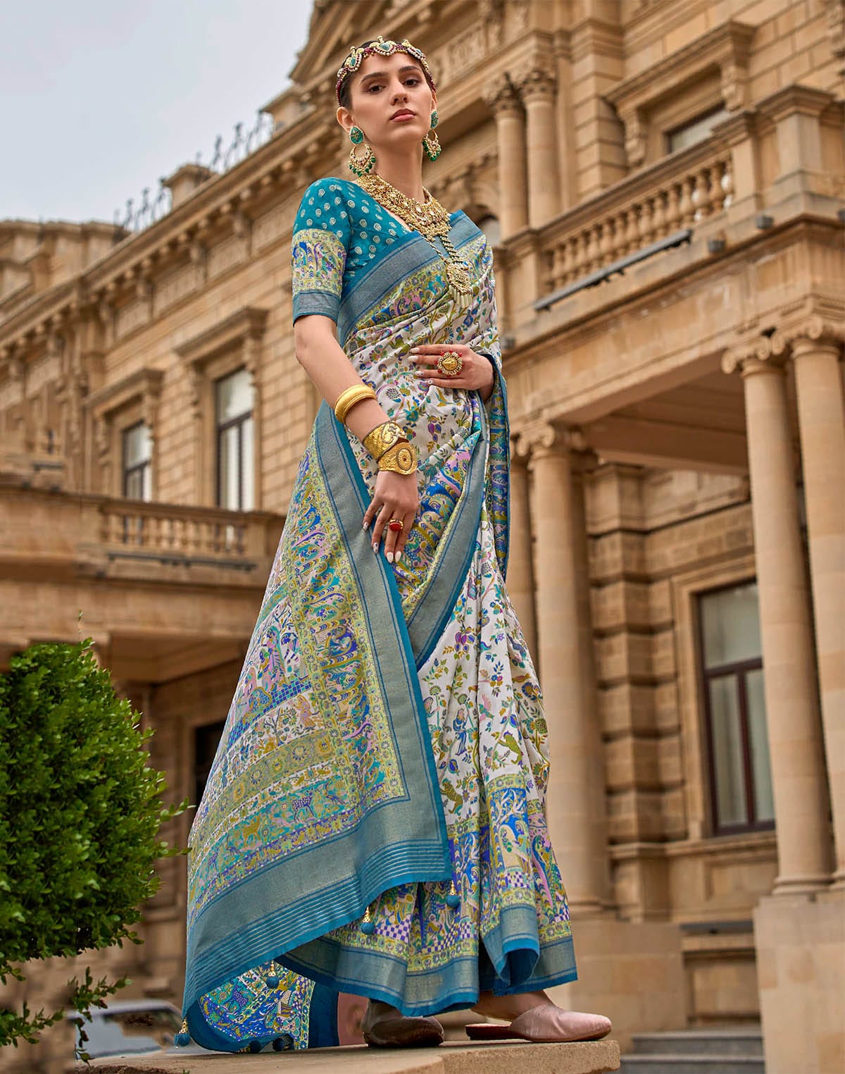 Cyan Blue Kalamkari Print Patola Silk Saree