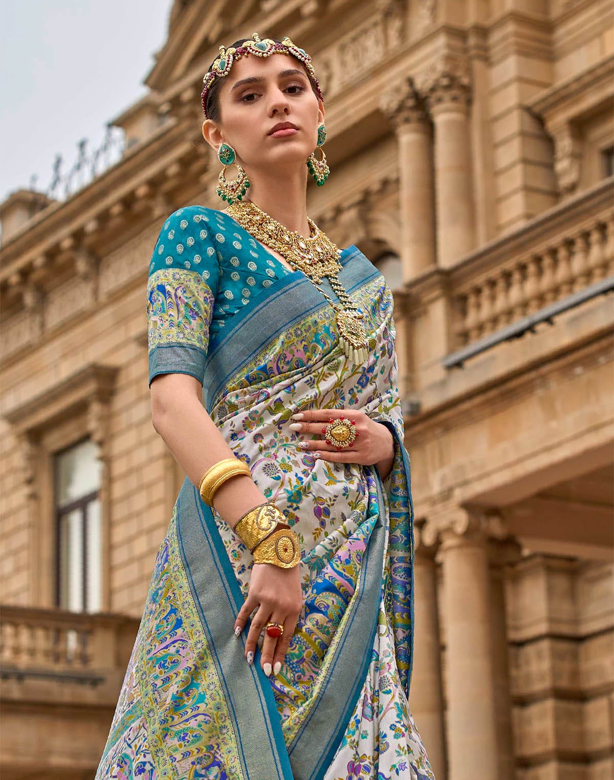 Cyan Blue Kalamkari Print Patola Silk Saree