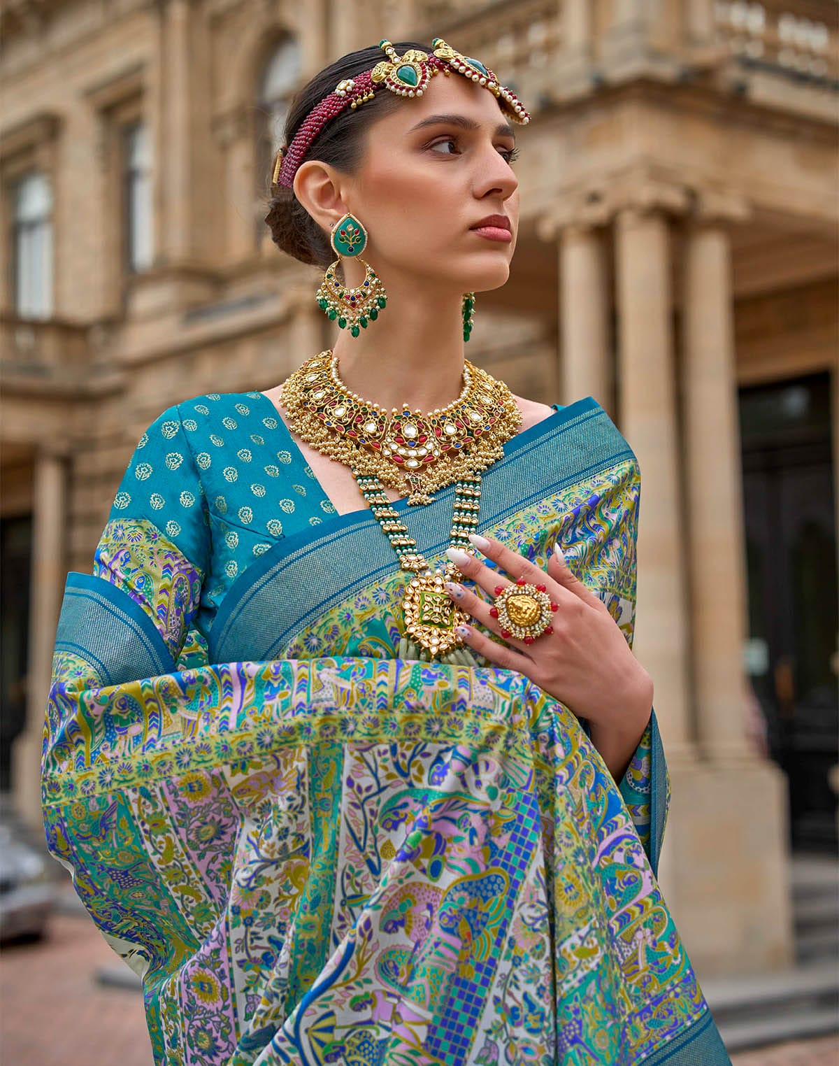 Cyan Blue Kalamkari Print Patola Silk Saree