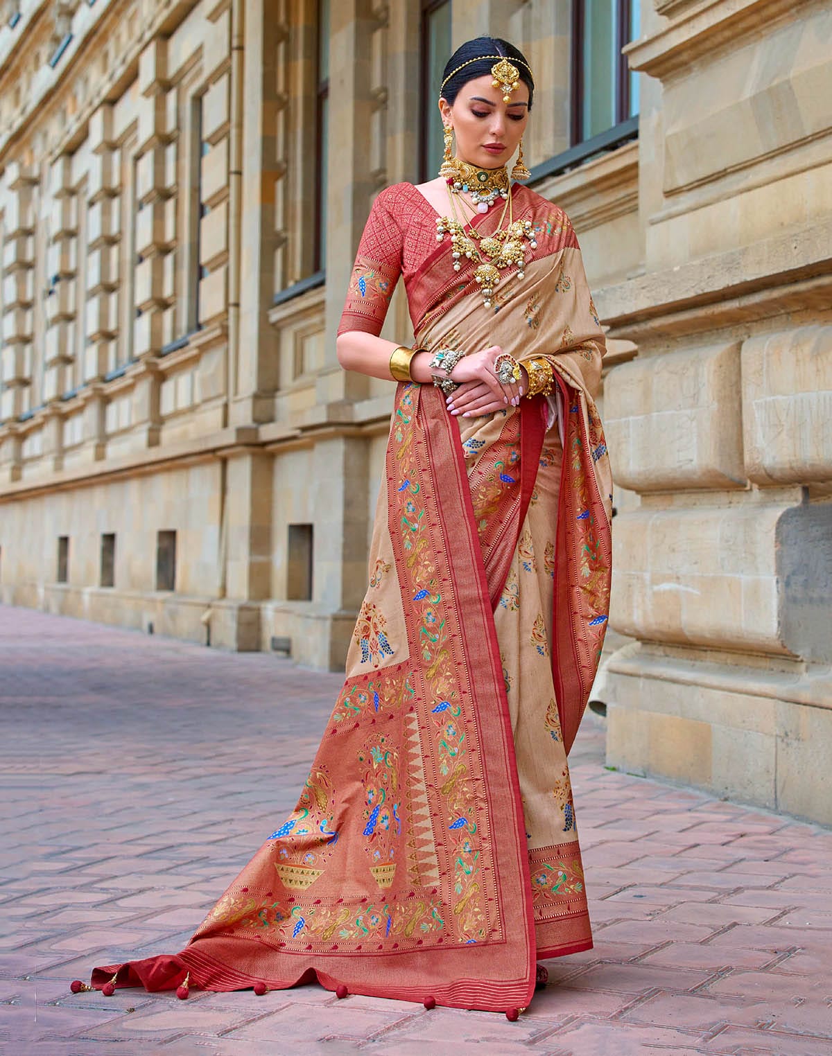 Beige and Red Paithani Border Saree