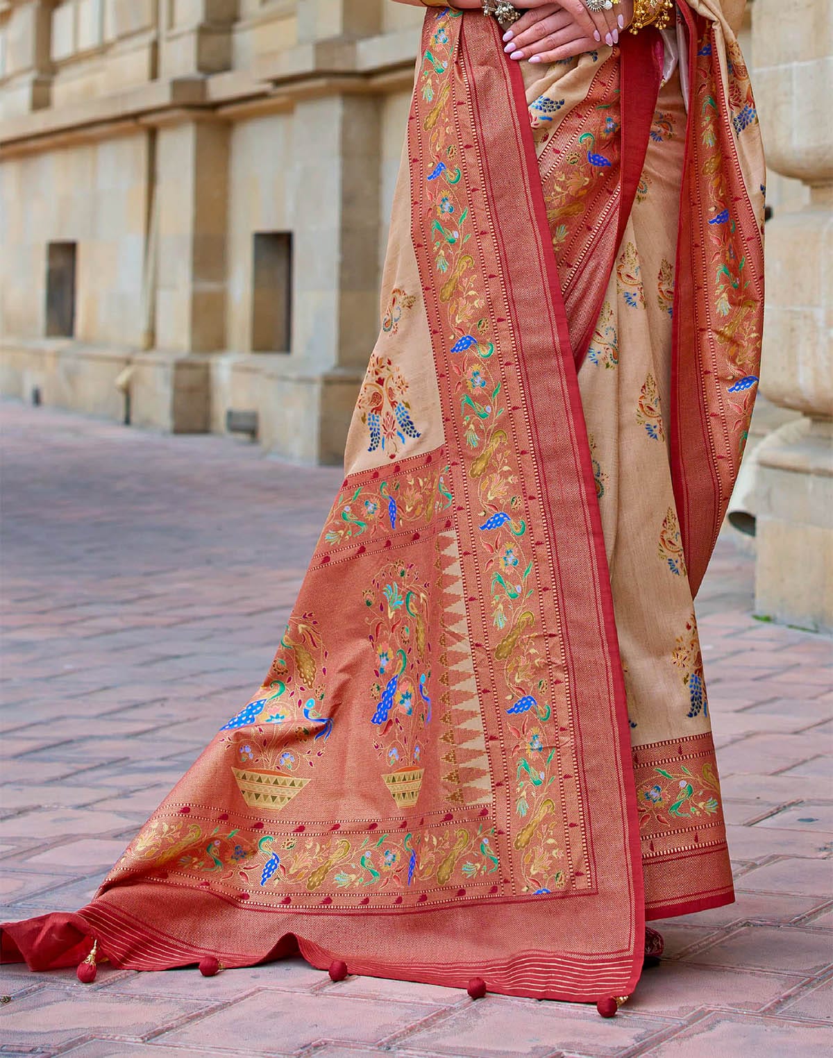 Collection of Beige and Red Paithani Border Saree in a gallery layout