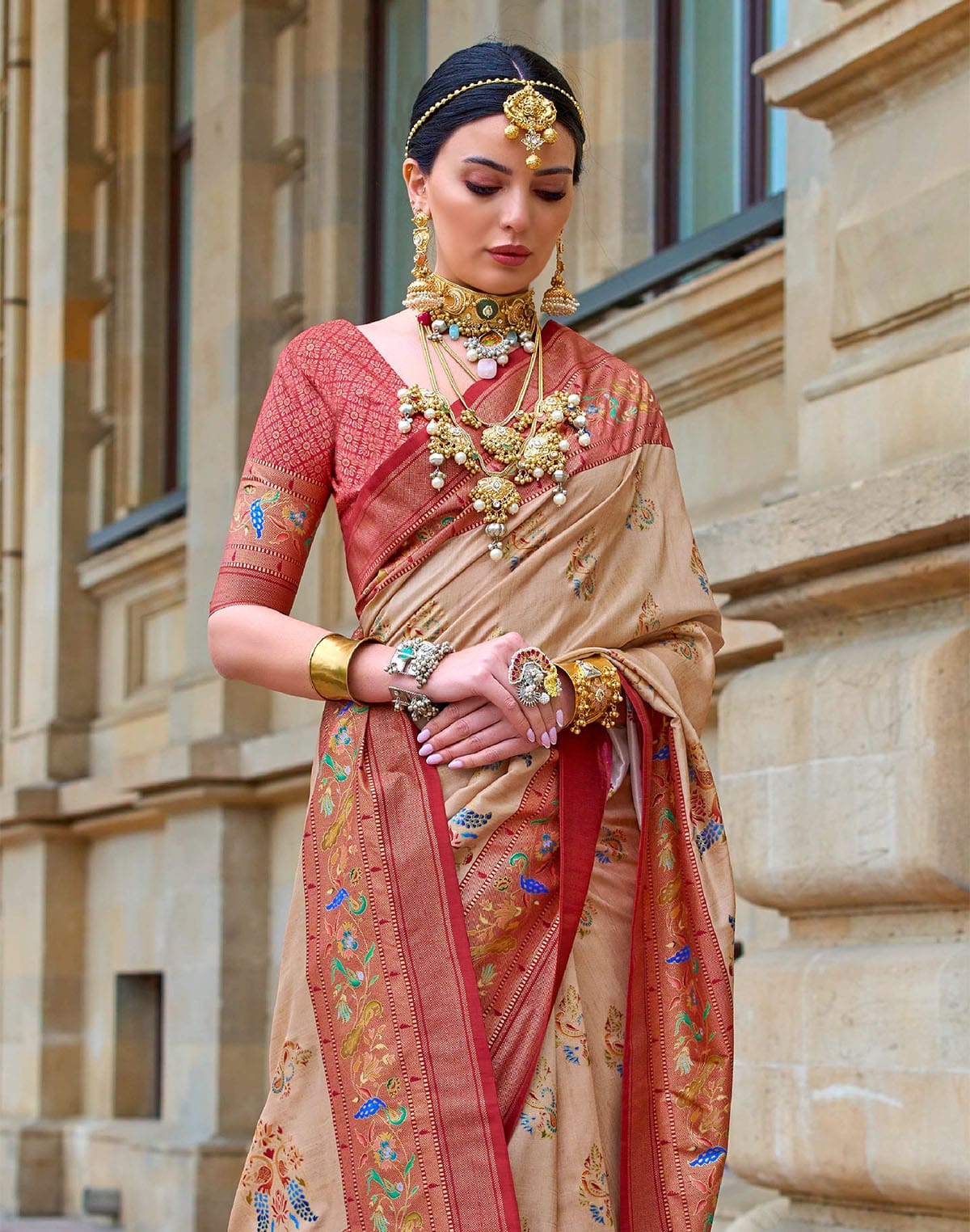 Beige and Red Paithani Border Saree