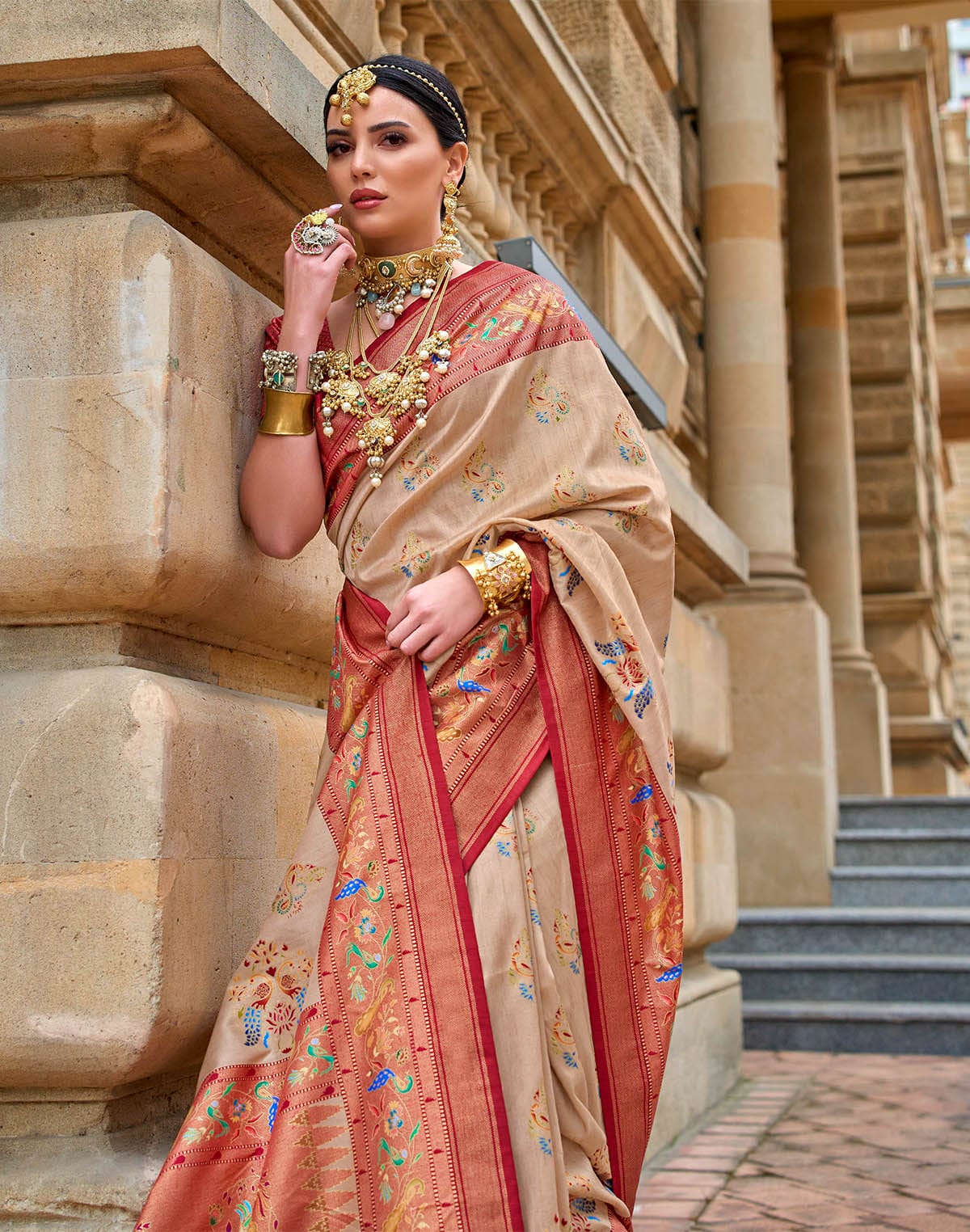 Beige and Red Paithani Border Saree