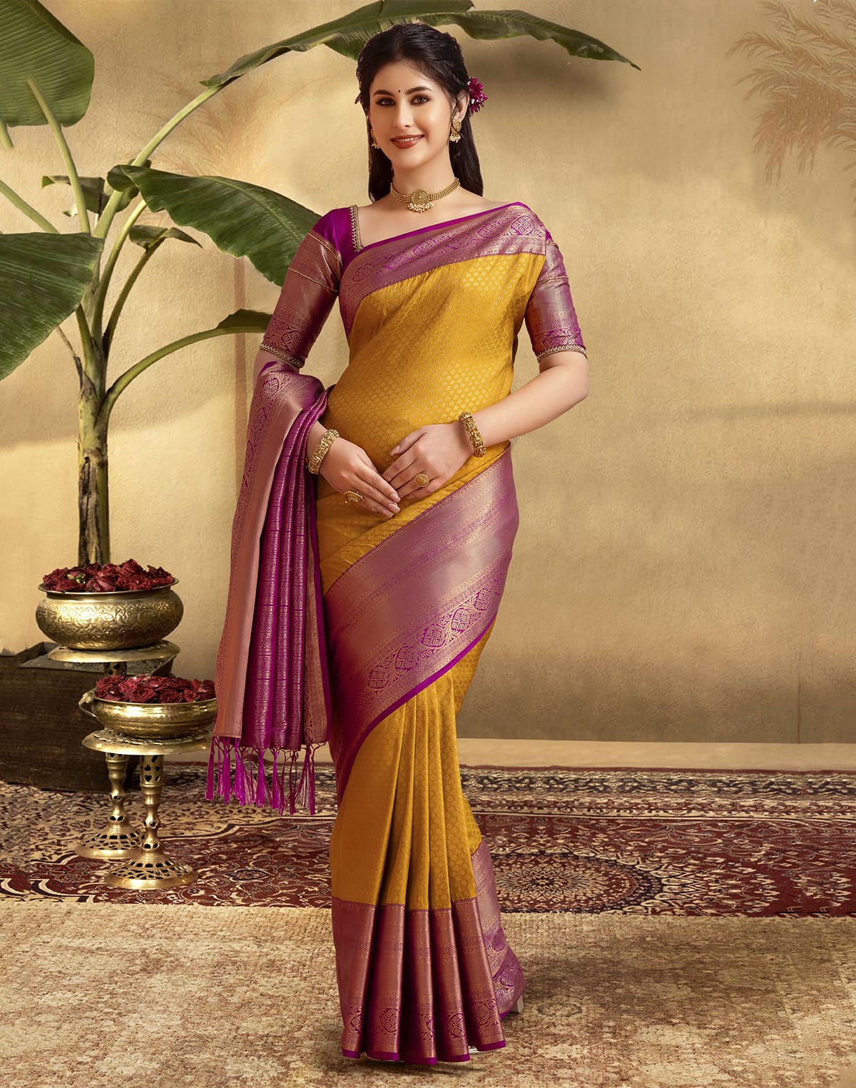 Trendy Mustard Self design Soft Banaras Silk Saree