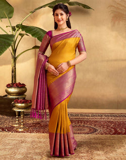 Collection of Trendy Mustard Self design Soft Banaras Silk Saree in a gallery layout