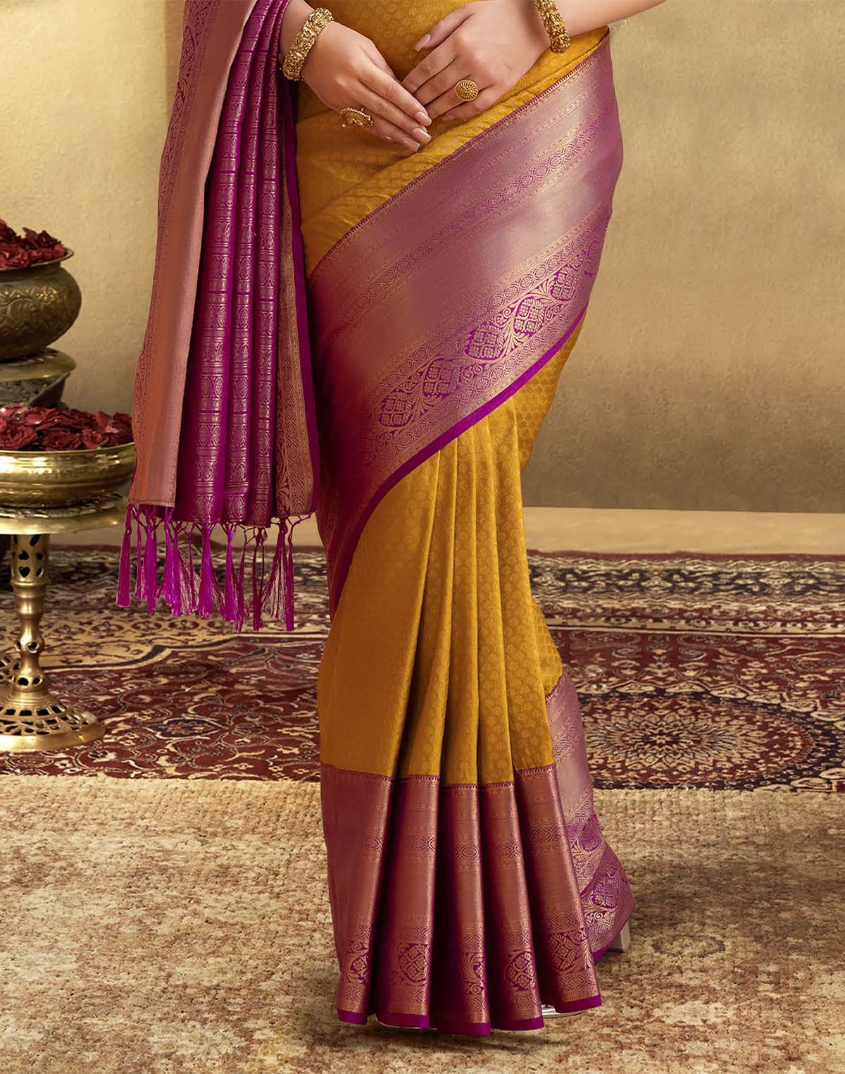 Collection of Trendy Mustard Self design Soft Banaras Silk Saree in a gallery layout