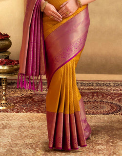 Collection of Trendy Mustard Self design Soft Banaras Silk Saree in a gallery layout