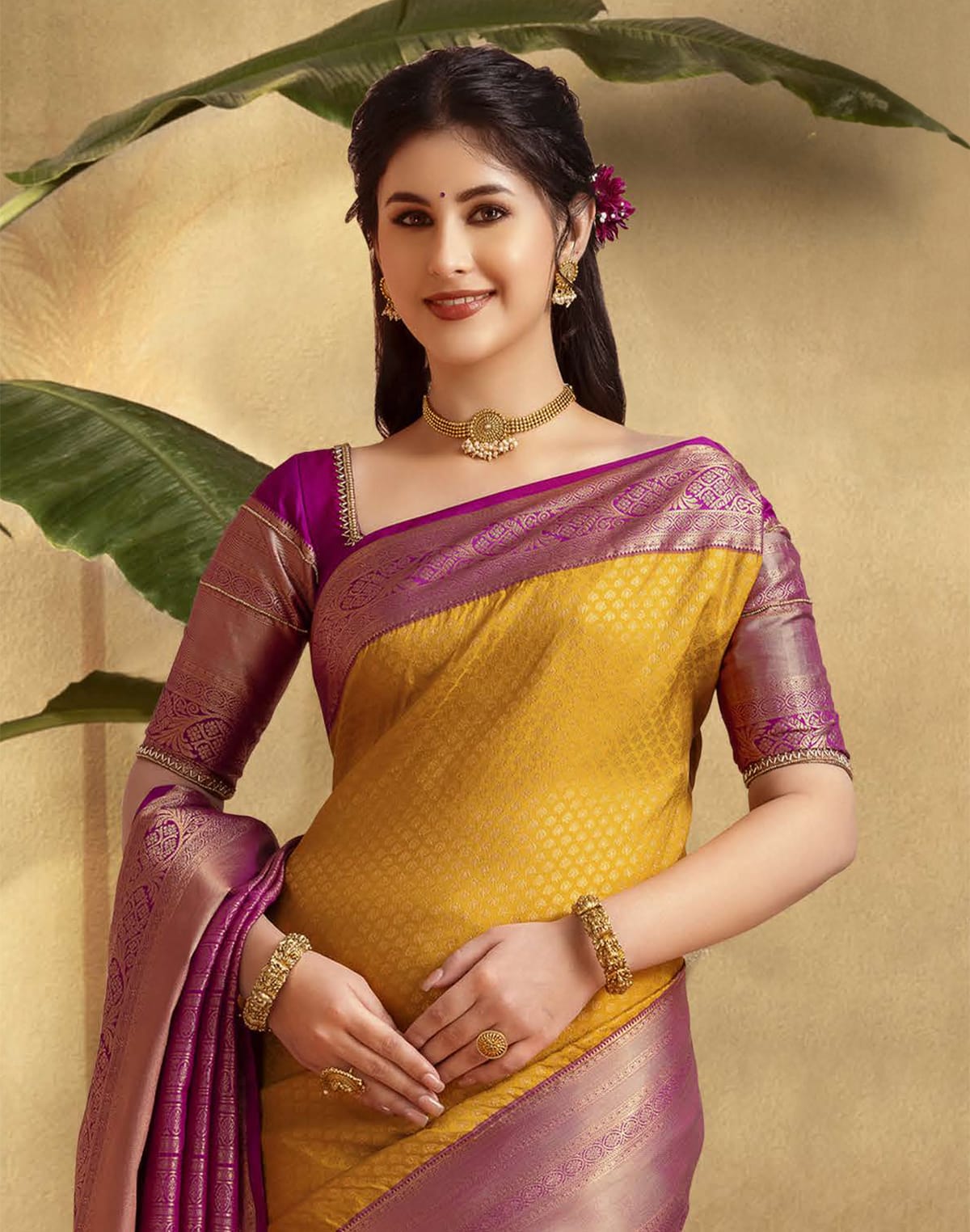 Collection of Trendy Mustard Self design Soft Banaras Silk Saree in a gallery layout