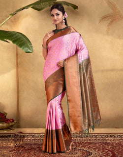 Collection of Exclusive Baby Pink all over Motif design Soft Banaras Silk Saree in a gallery layout