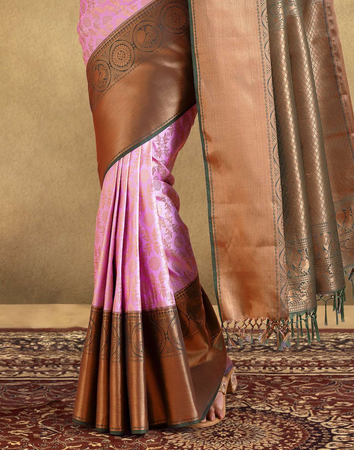 Collection of Exclusive Baby Pink all over Motif design Soft Banaras Silk Saree in a gallery layout