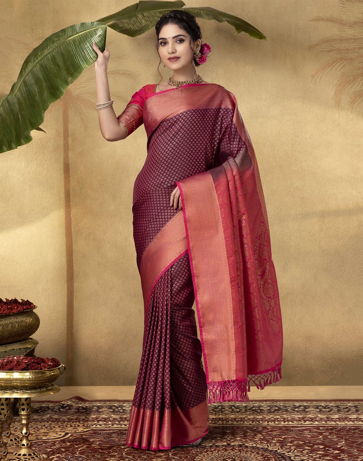 Collection of Traditional Maroon Brocade design Soft Banaras Fancy Saree in a gallery layout