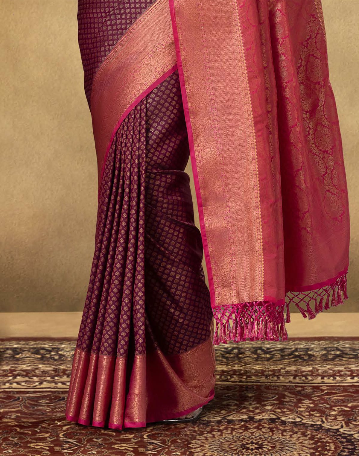 Collection of Traditional Maroon Brocade design Soft Banaras Fancy Saree in a gallery layout