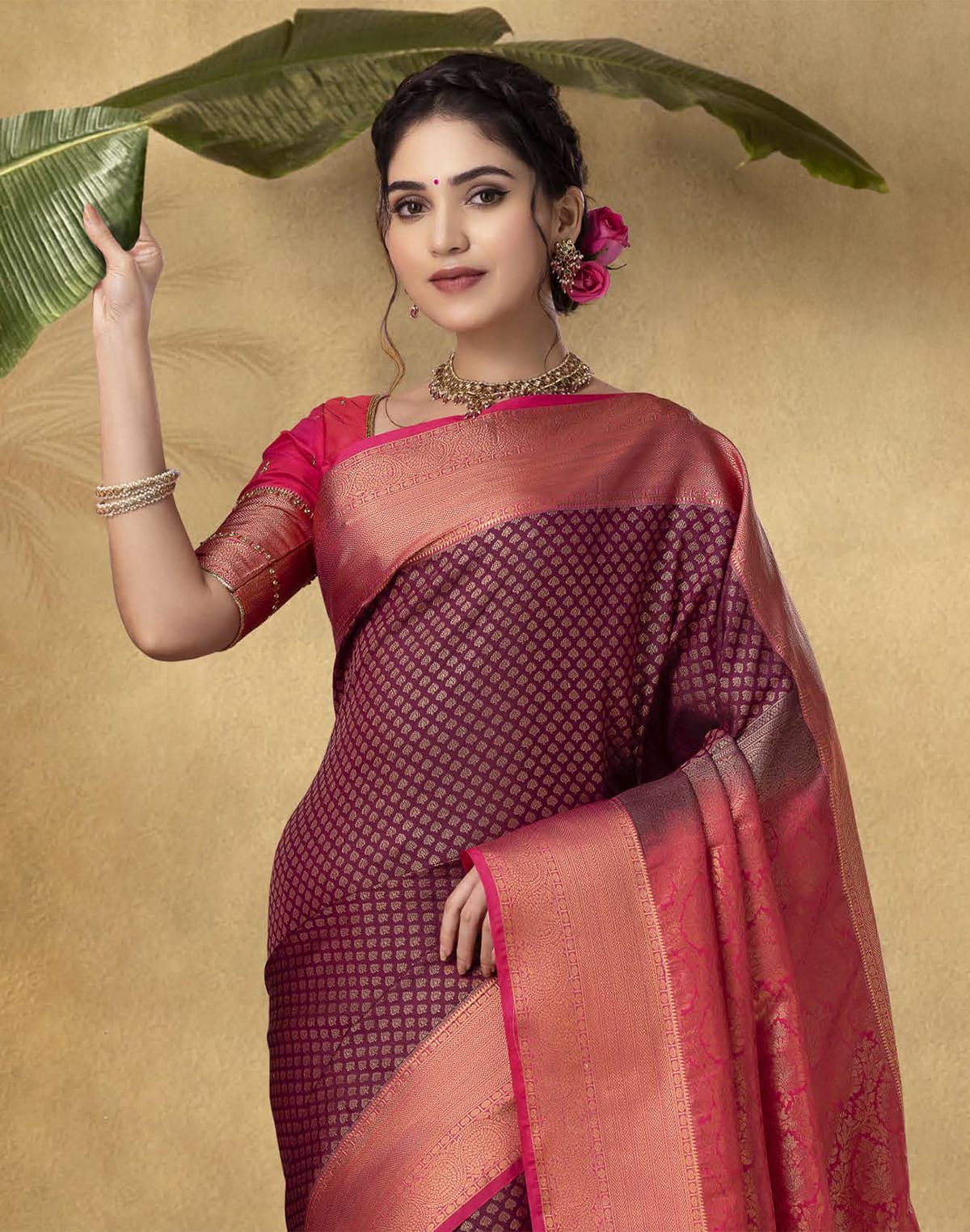 Collection of Traditional Maroon Brocade design Soft Banaras Fancy Saree in a gallery layout