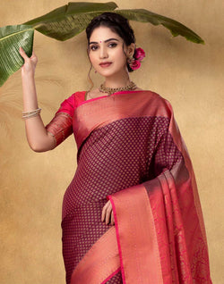 Collection of Traditional Maroon Brocade design Soft Banaras Fancy Saree in a gallery layout