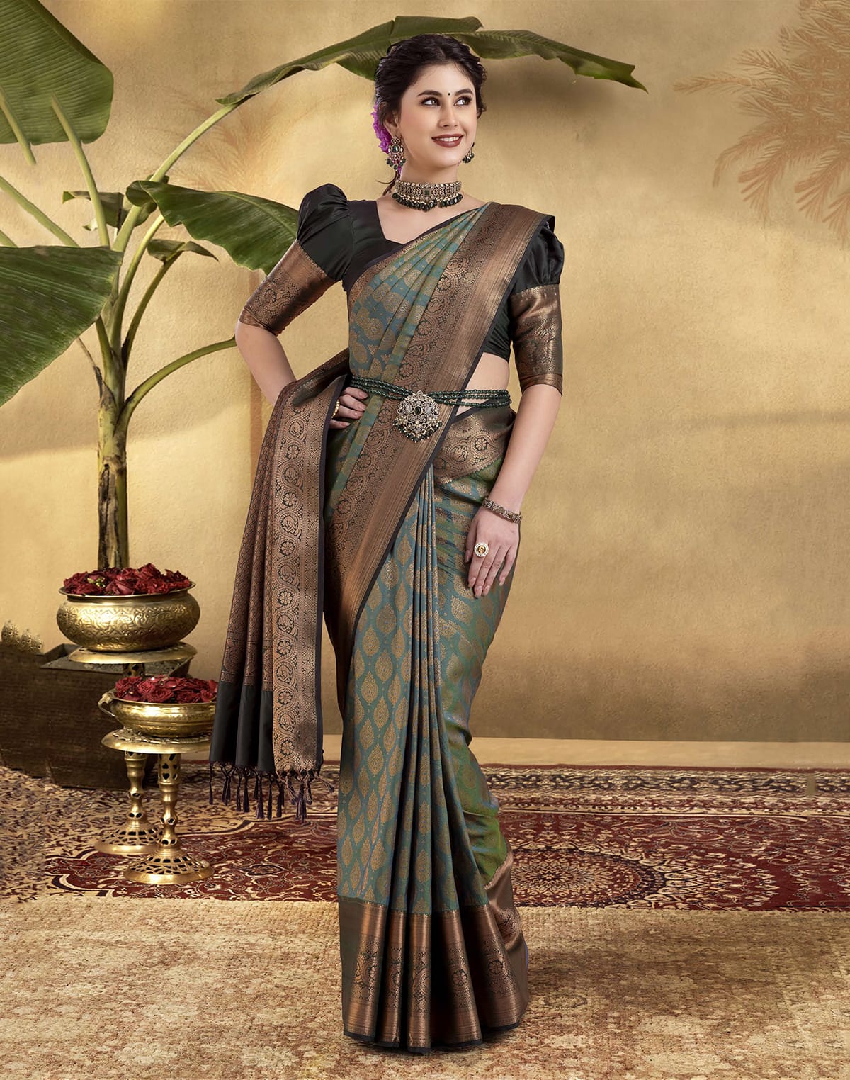 Collection of Green woven design Copper Zari Soft Banaras Silk Saree in a gallery layout