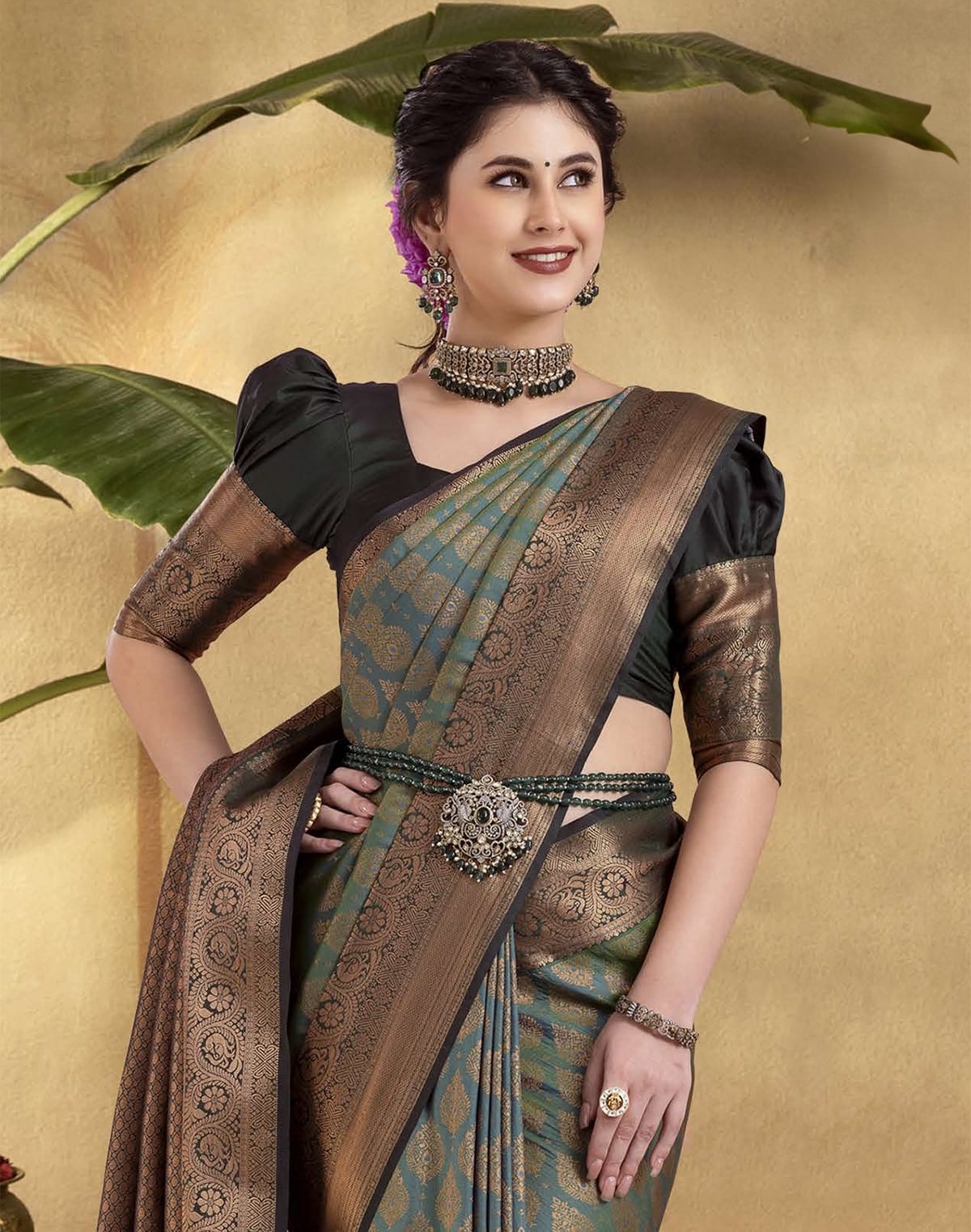 Collection of Green woven design Copper Zari Soft Banaras Silk Saree in a gallery layout