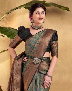 Collection of Green woven design Copper Zari Soft Banaras Silk Saree in a gallery layout