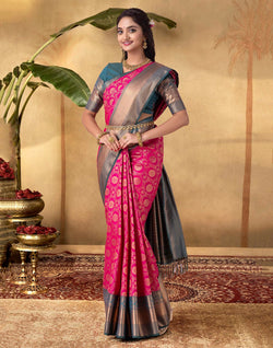 Collection of Extraordinary Pink Floral Soft Banaras Skut Border Saree in a gallery layout