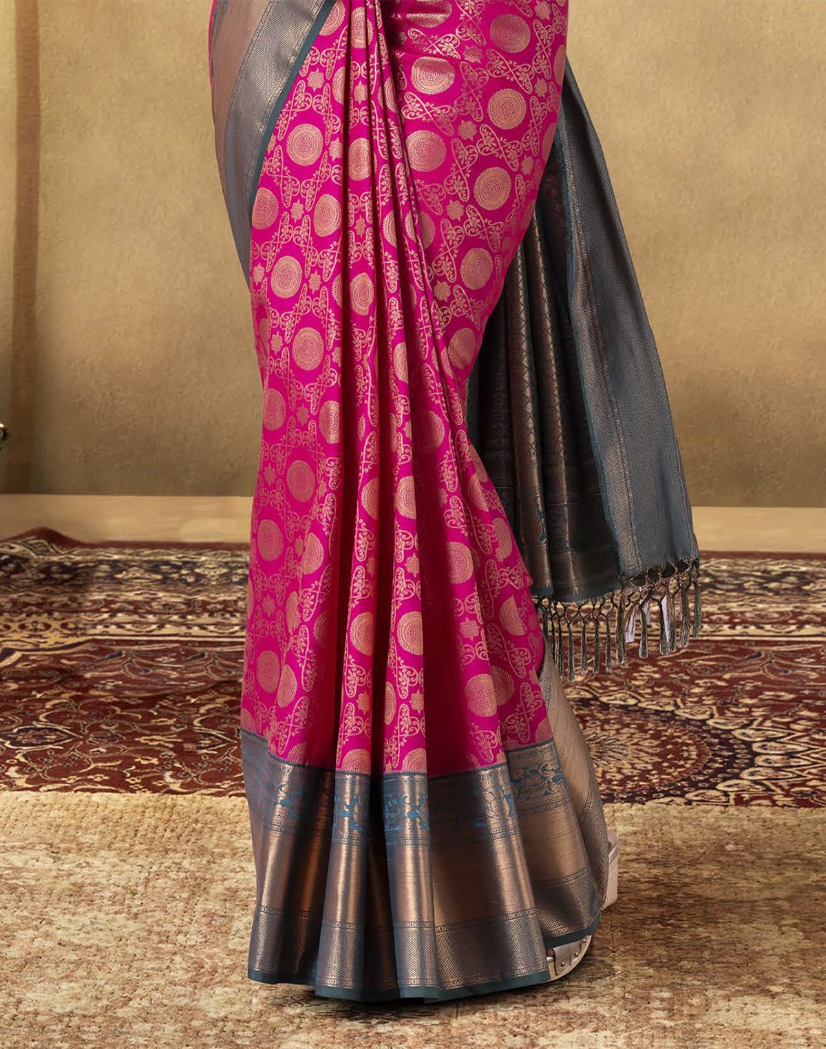 Collection of Extraordinary Pink Floral Soft Banaras Skut Border Saree in a gallery layout