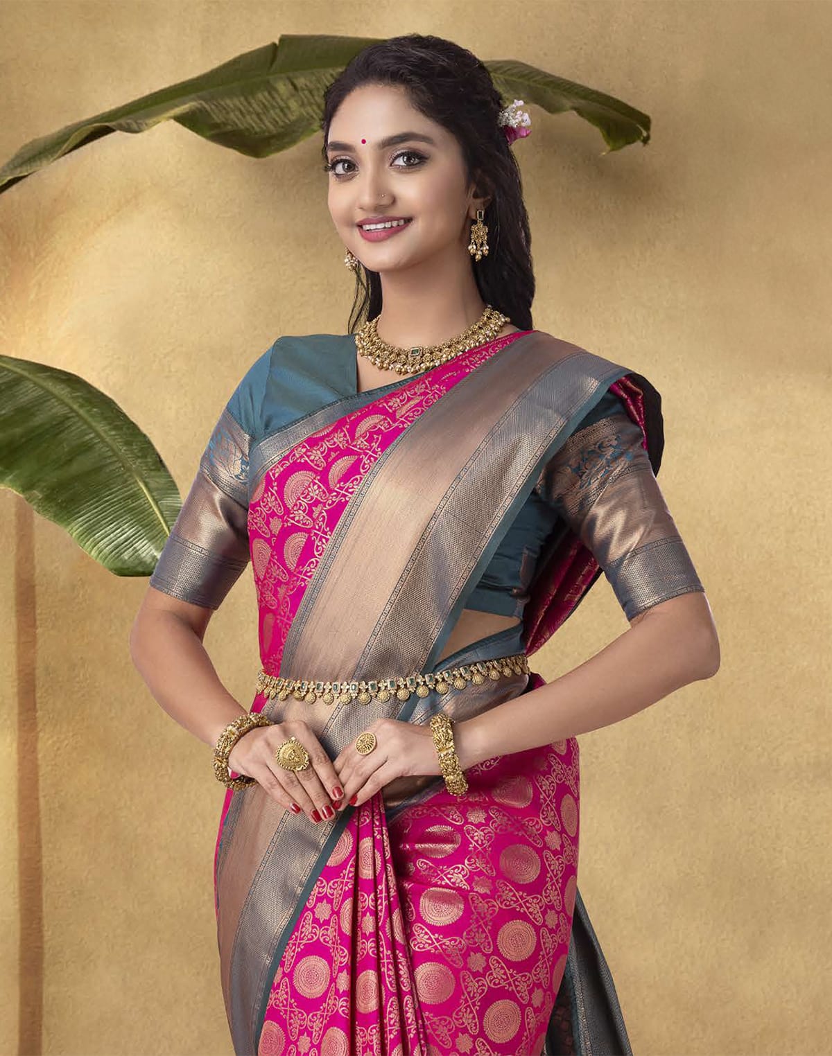 Collection of Extraordinary Pink Floral Soft Banaras Skut Border Saree in a gallery layout