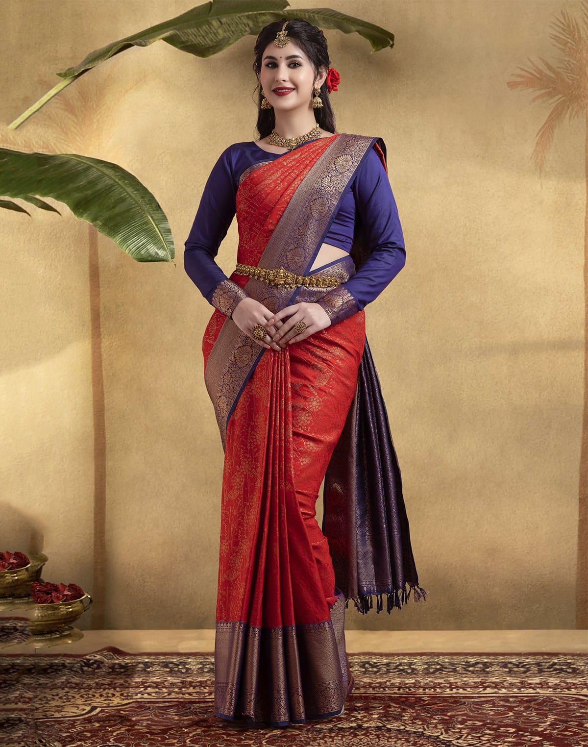 Collection of Red and Blue Coloured Soft Banaras Fancy Saree in a gallery layout