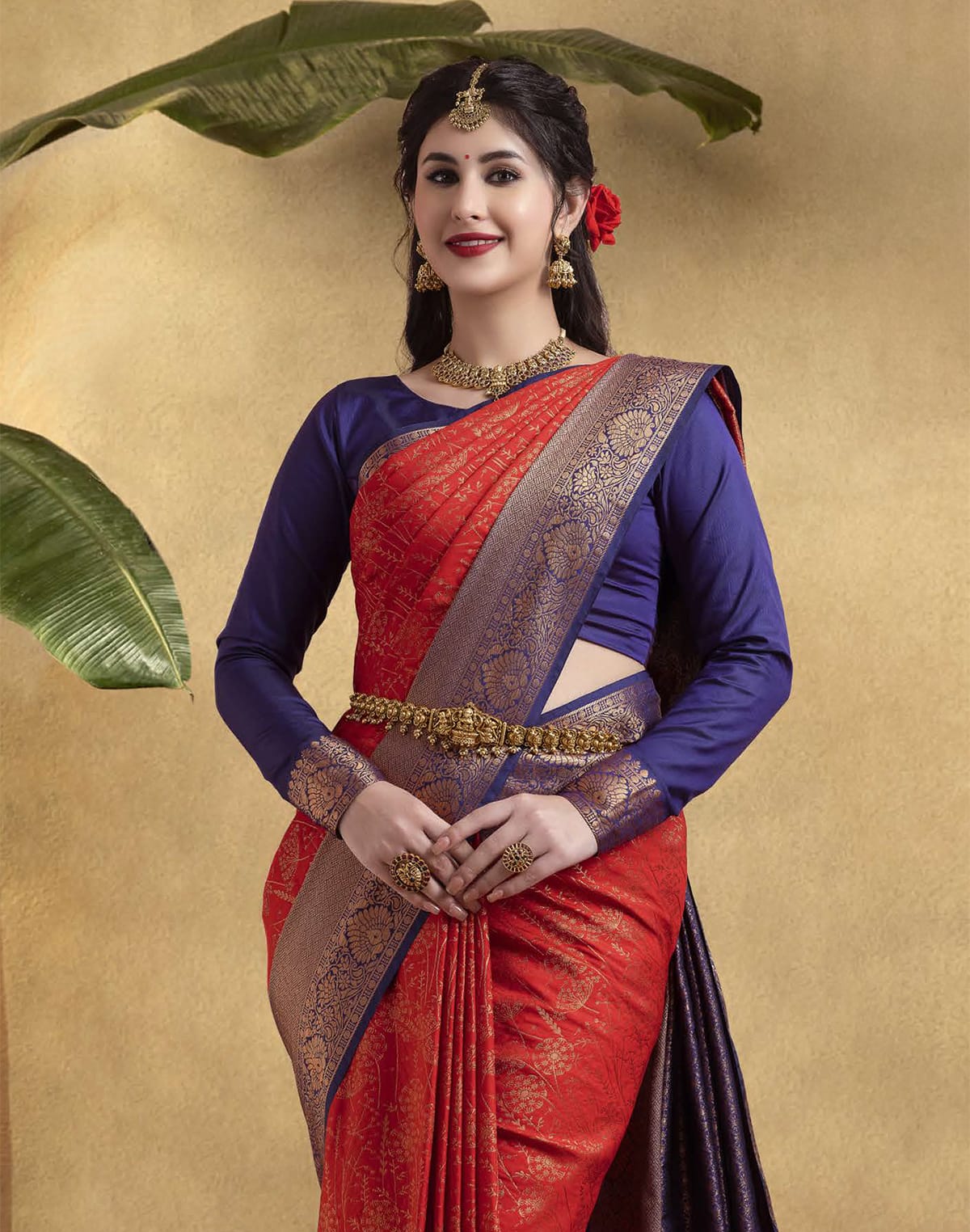 Collection of Red and Blue Coloured Soft Banaras Fancy Saree in a gallery layout