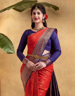 Collection of Red and Blue Coloured Soft Banaras Fancy Saree in a gallery layout