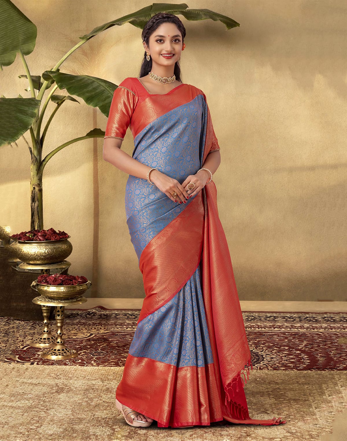 Collection of Traditional Motifs Blue Colour Soft Banaras Saree in a gallery layout