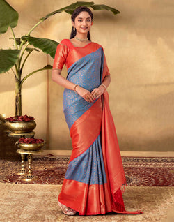 Collection of Traditional Motifs Blue Colour Soft Banaras Saree in a gallery layout