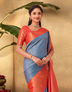 Collection of Traditional Motifs Blue Colour Soft Banaras Saree in a gallery layout