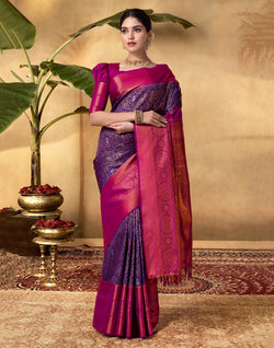 Collection of Stunning Royal Blue Floral design Soft Banaras Saree in a gallery layout