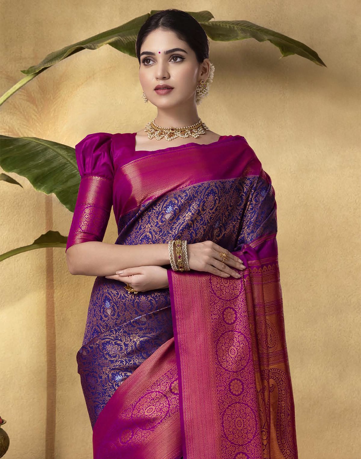 Collection of Stunning Royal Blue Floral design Soft Banaras Saree in a gallery layout