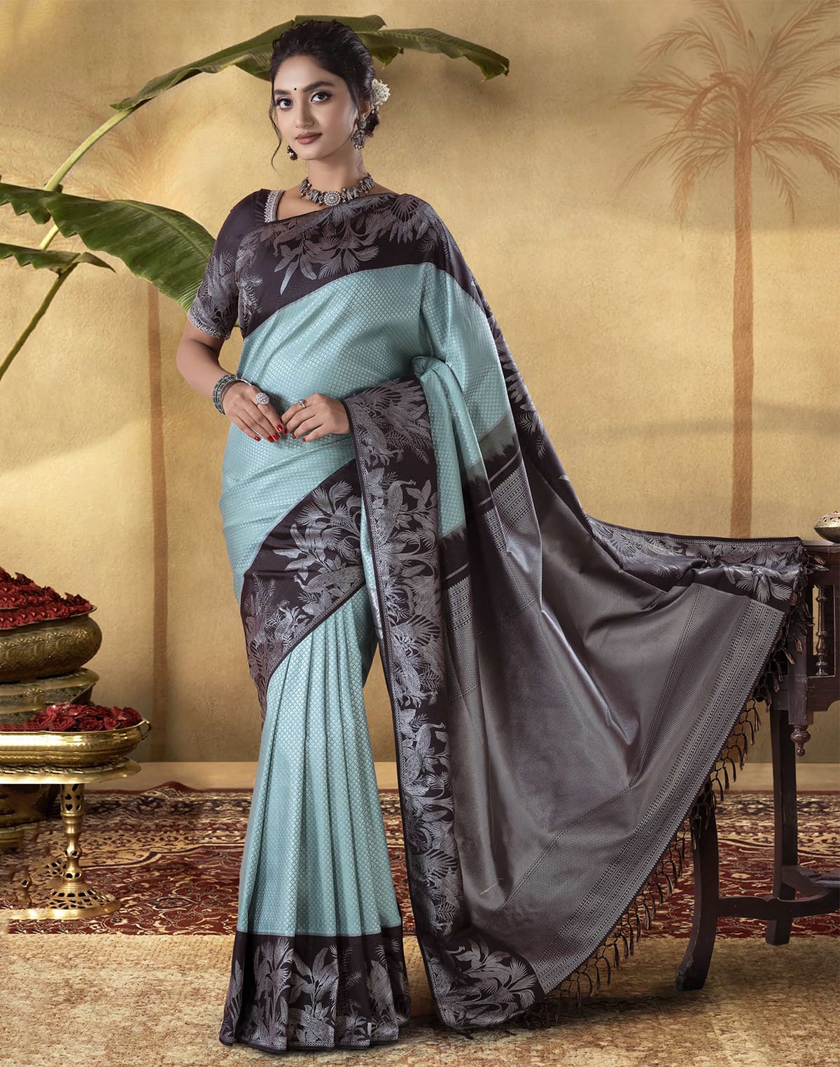 Collection of Sky Blue Brocade design Soft Banaras Fancy Saree in a gallery layout