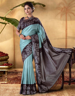 Collection of Sky Blue Brocade design Soft Banaras Fancy Saree in a gallery layout