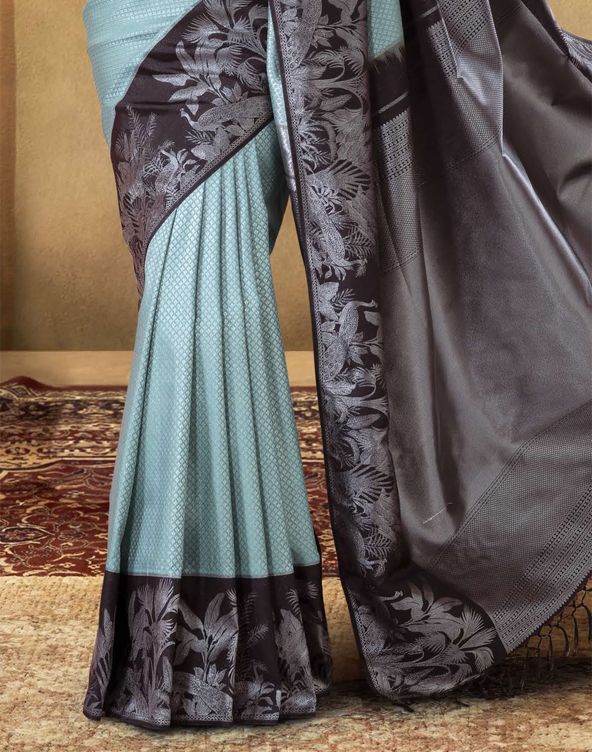 Collection of Sky Blue Brocade design Soft Banaras Fancy Saree in a gallery layout