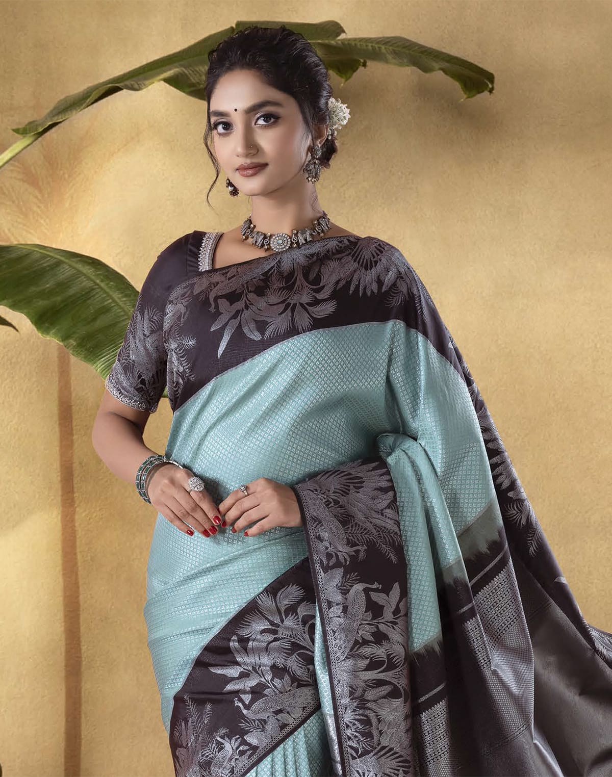 Collection of Sky Blue Brocade design Soft Banaras Fancy Saree in a gallery layout