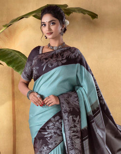 Collection of Sky Blue Brocade design Soft Banaras Fancy Saree in a gallery layout