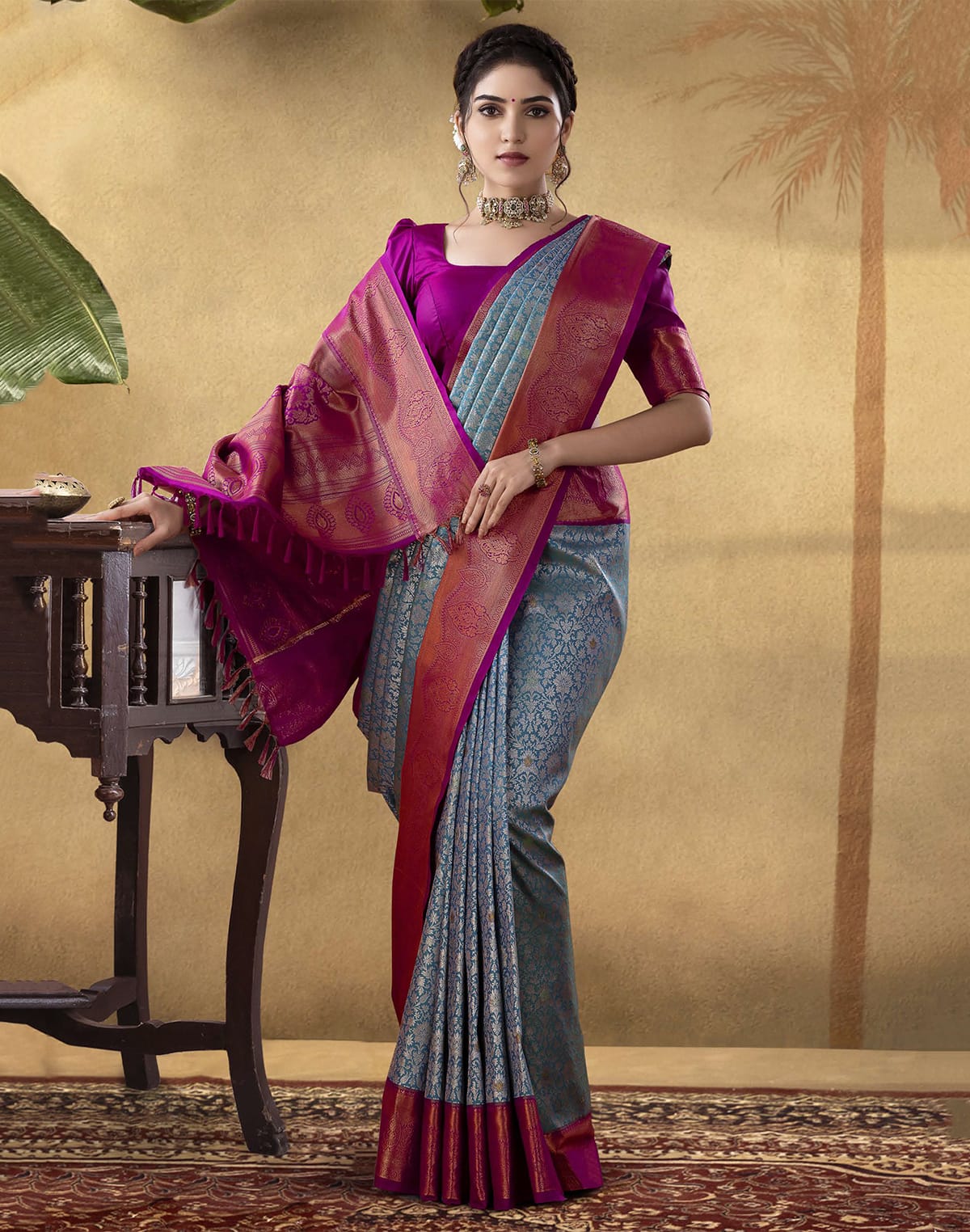 Gorgeous Peacock Blue Floral Soft Banaras Silk Saree